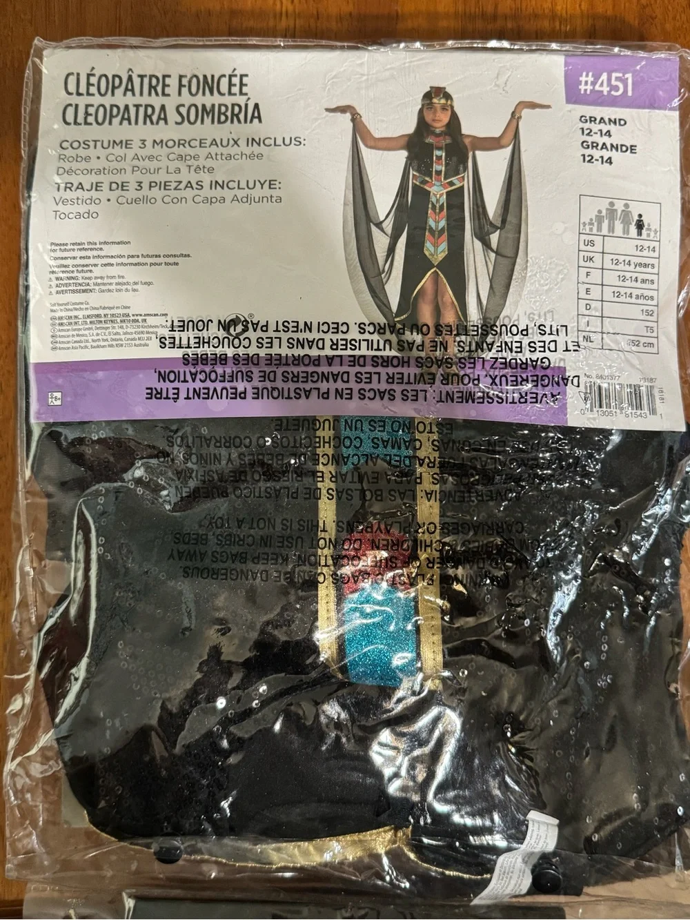 Amscan Dark Cleopatra Costume Girls 12-14 #451 Black 3 Pc Cape Headpiece